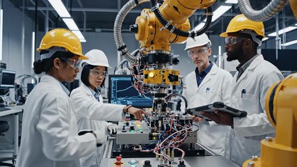Collaborative international team in white lab coats and hard hats work together to analyze data on computer screens or operate complex machinery, embodying the concept of global teamwork and. - Powered by Adobe