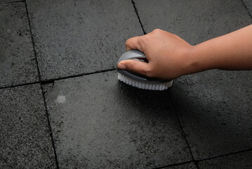 woman hand holding laundry brush