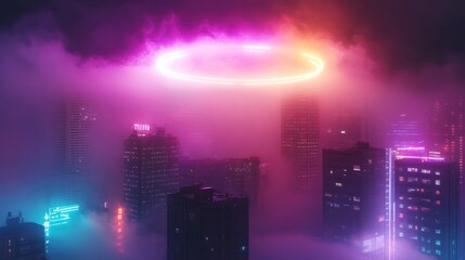 Abstract neon cityscape with light ring