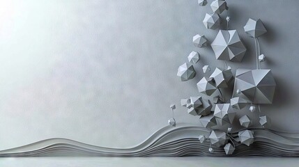 A collection of gray geometric shapes, resembling origami, are suspended in the air and appear to be falling onto layered, wavy paper.