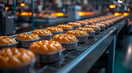 Freshly baked bread rolls on a conveyor belt in a bakery factory.