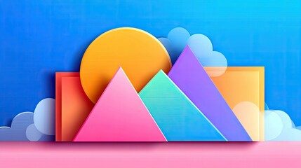 A colorful abstract composition featuring geometric shapes like triangles, circles, and rectangles, set against a bright blue sky with stylized clouds.