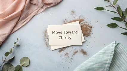 Cards with message Move Toward Clarity on a dusty surface