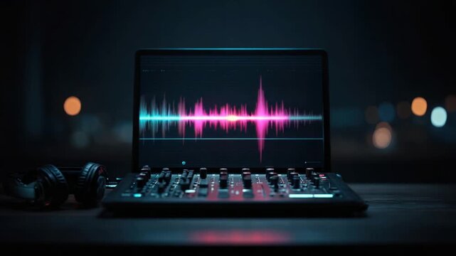 Laptop displaying soundwave analysis sits on a desk with a mixer and headphones. Dark, blurred background
