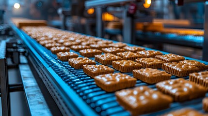 Cookies on conveyor belt in food factory.