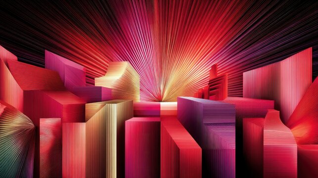 A dynamic abstract composition featuring geometric forms in shades of red, pink, and gold, with a bright light source radiating lines in the background. - Powered by Adobe