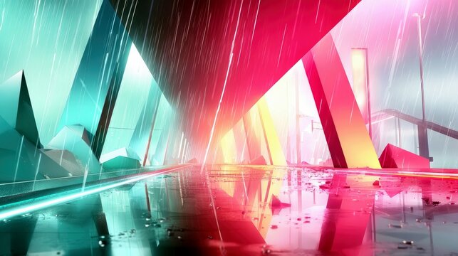 A futuristic, abstract scene with sharp geometric shapes in vibrant neon colors, bathed in rain and reflected on a wet surface. - Powered by Adobe
