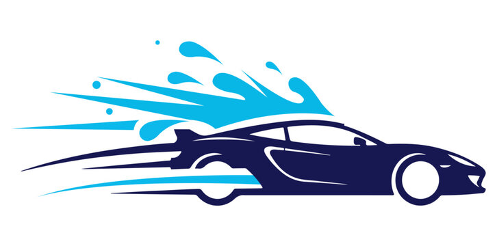 A stylized illustration of a dark blue car with blue water splashes and speed lines on a white background