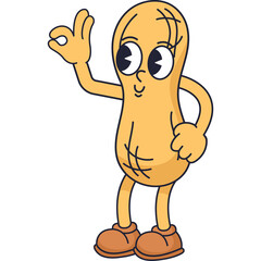 Retro Cartoon Peanut Character with Orange Shoes and Brown Accents Giving a Hand Gesture of Okay Sign with a Smiling Face and Big Eyes on a Transparent Background