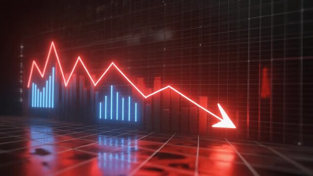 A downward trending graph with a red arrow and bars on a grid background with a dark mood. - Powered by Adobe