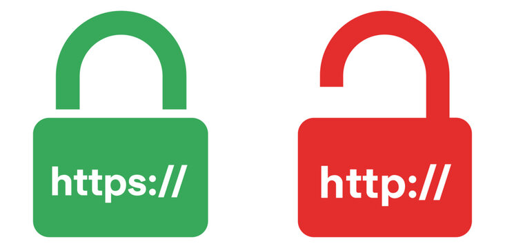 A green padlock with https and a red open padlock with http on a white background showing security