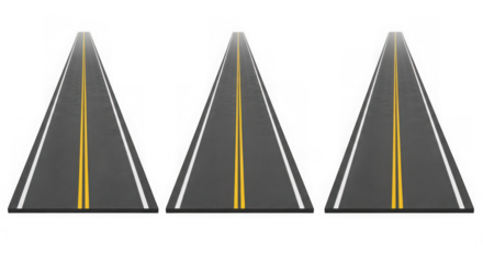 Three roads with yellow line isolated on transparent background