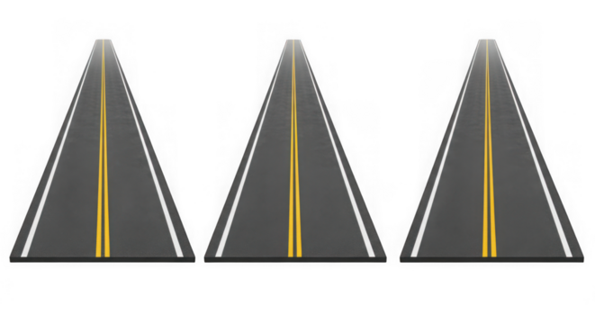 Three roads with yellow line isolated on transparent background
