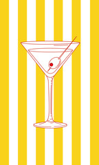A martini glass with an olive on a skewer against a yellow and white striped background illustration