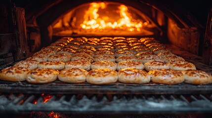 Golden-brown breads baking in a wood-fired oven.