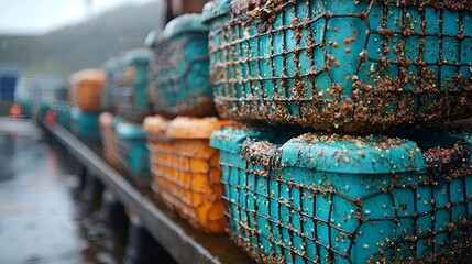 Stacked plastic fishing crates covered in barnacles.