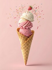 Delicious Ice Cream Cone with Strawberry and Sprinkles