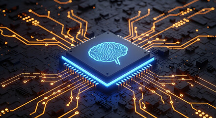 Illustration of a chip with a glowing brain icon on a circuit board