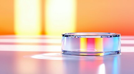 A clear glass ring with faceted edges refracts vibrant rainbow colors against a soft orange and yellow background.