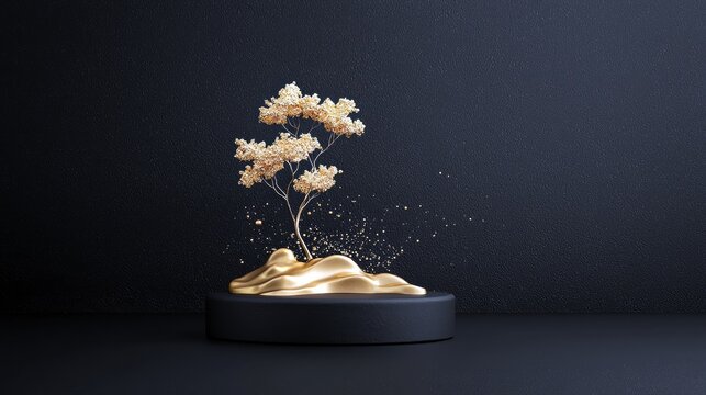 A stylized golden tree with shimmering leaves sits atop a flowing, liquid-like golden base, presented on a dark, textured pedestal.