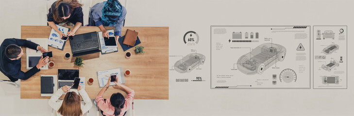 Technical layout of electric vehicle showing battery system, power control, traction motor, charging interface, and integration with renewable and smart energy sources Vouch