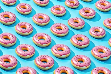 Delicious donuts with pink icing on blue background