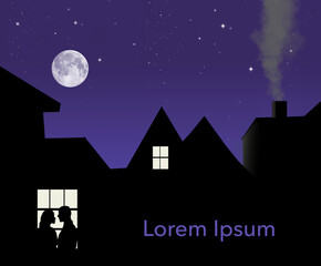 A man and woman embrace in the window of their home on a cold  evening as moonlight falls on the neighborhood. This is a 3-d illustration.