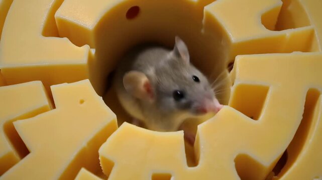 A gray mouse peeks out from a hole carved into a maze made entirely of yellow cheese.