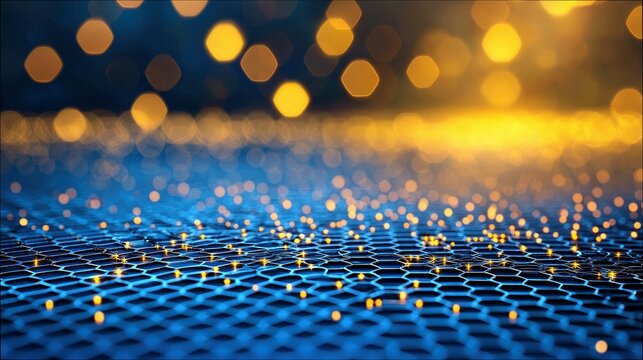 A close-up view of a blue hexagonal grid surface with scattered glowing golden particles, set against a blurred background of warm bokeh lights. - Powered by Adobe