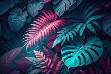 Tropical leaves in vibrant pink teal and purple