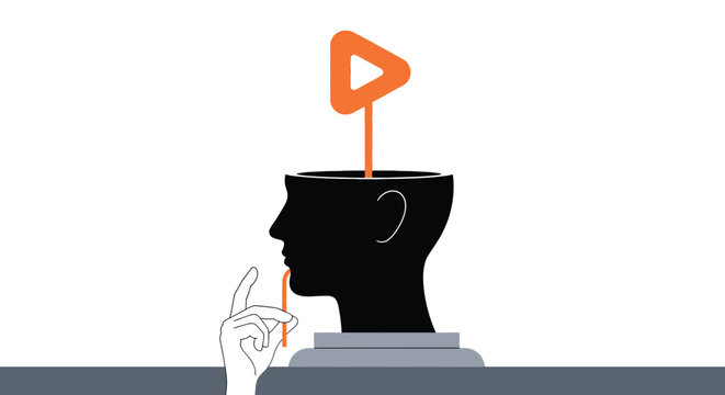 Silhouette of a head with an open top, a hand touching chin, and an orange play button icon emerging, representing contemplation and new ideas
