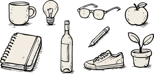 Essentials of life: A captivating assortment of everyday items, each meticulously drawn, inviting reflection on daily routines.