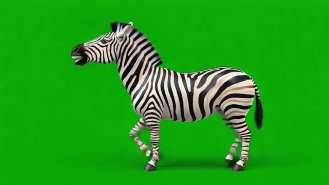 Animated zebra walking gracefully across a vibrant green screen background in a seamless loop zebra green screen video