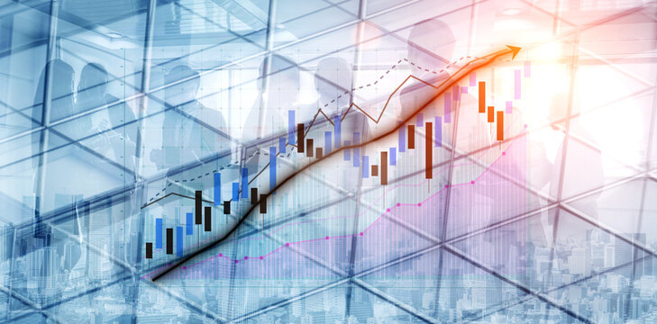 This image illustrates the concept of financial growth through an upward stock market trend, complemented by a business silhouette in a modern office. Impute