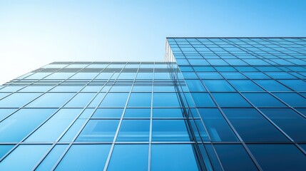 Fototapeta premium The facade of a modern, glass and steel corporate headquarters building, featuring a large, minimalist logo for a fictional corporation against a clear blue sky. Architectural photography, 