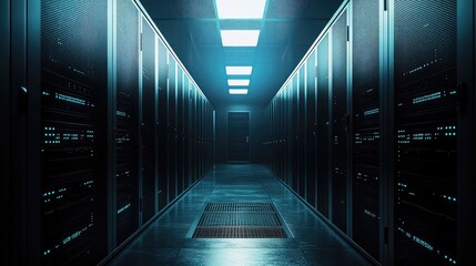 The final server shutting down, a single rack in an empty, dark data center, its last indicator light fading from blue to black, symbolizing the end of a cycle or project, moody, cinematic.