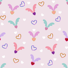 Valentine's Day seamless vector background decorated with colorful winged hearts on a pink background. Perfect for gift wrapping, digital design or crafts.