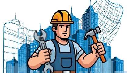 Construction worker holding tools in front of city buildings, ready to work.