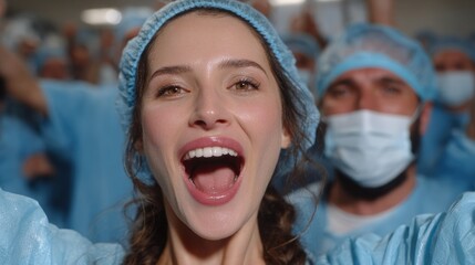 Exuberant woman in medical scrubs amidst a crowd, cheering widely