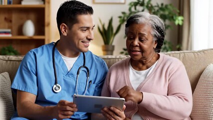A woman, dressed in casual attire, sits comfortably on a couch while a male doctor, equipped with medical expertise, examines a tablet in front of her, conveying a sense of consultation. - Powered by Adobe