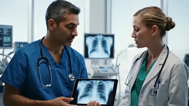 Medical professionals in a clinical setting examine X ray images together, showcasing collaboration, trust, and expertise in healthcare, perfect for medical or scientific background footage.