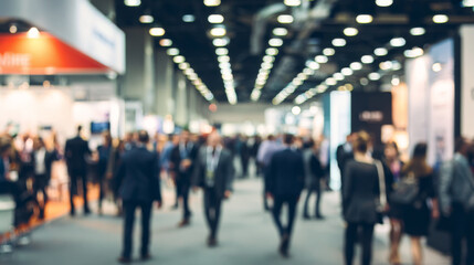 Blurred background of business event exhibition with attendees walking, showcasing vibrant atmosphere of networking and engagement
