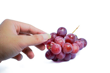 Hand holding a lush bunch of fresh red or purple grapes on a white background, symbolizing harvest, healthy snack, and natural food