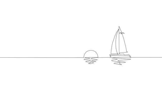 Single continuous one line art sunny ocean travel vacation. Sea voyage sunrise holiday tropical island ship yacht luxury journey sunset concept design sketch outline drawing vector illustration art