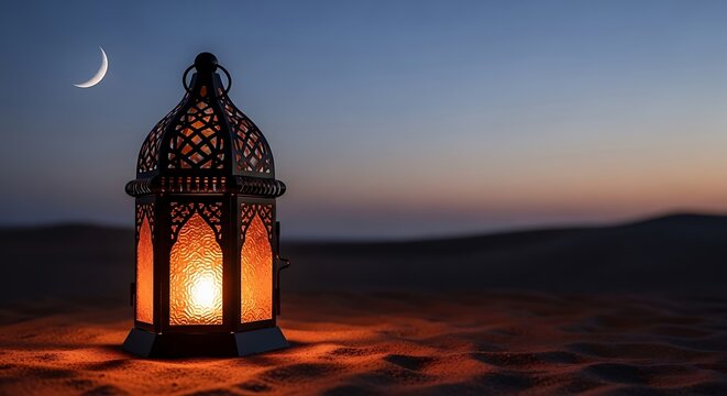 Glowing lantern in the desert at dusk with crescent moon