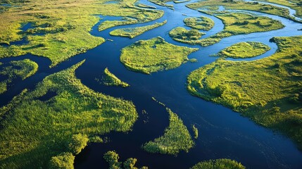 of deep blue water channels winding through