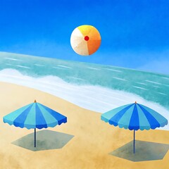 Tropical Beach Scene with Umbrellas and Ball