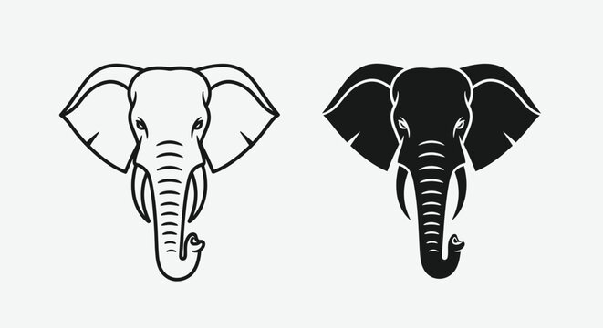 Two stylized elephant head illustrations, one in outline and one solid black, facing forward on a light background.