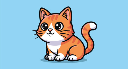 Fototapeta premium An adorable cartoon ginger tabby cat with large, cute eyes sitting happily on a light blue background.
