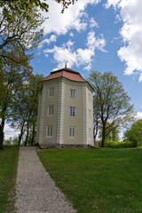 Naklejka premium Old restored tower next to Merkinė Manor Historical Mansion in Šalčininkai, Republic of Paulava, Lithuania
